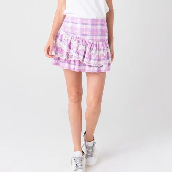 LoveShackFancy purple plaid embroidered tiered ruffle asymmetric skirt size 4 - Picture 4 of 11